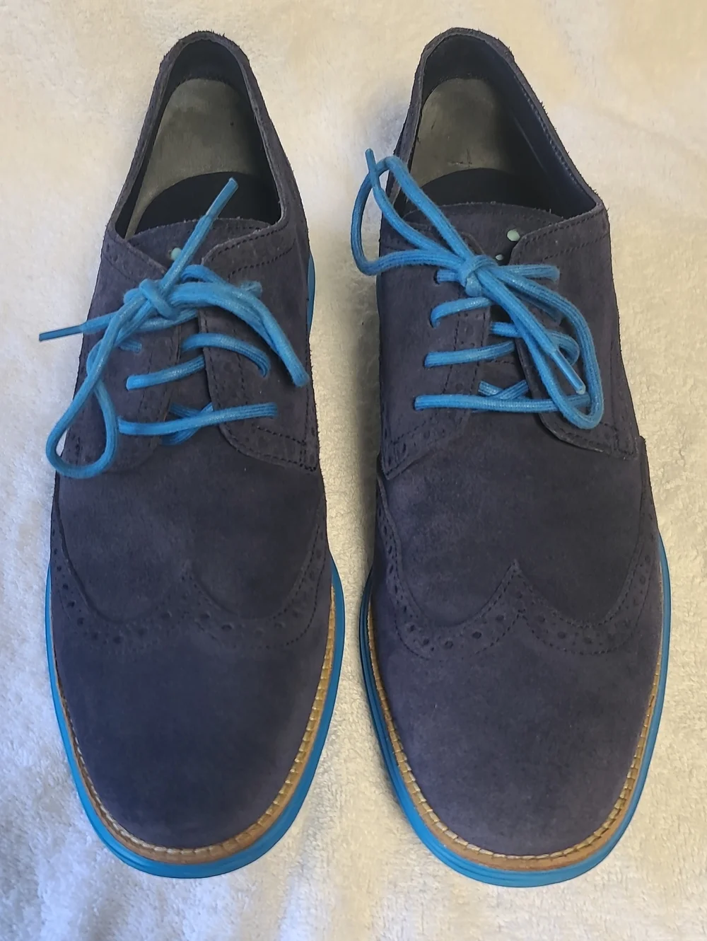 Cole Hann. Suede Wingtip Derby in Navy with Bright Blue Accents